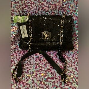 Badgley Mischka Black Sequin Bag with Gold Chain